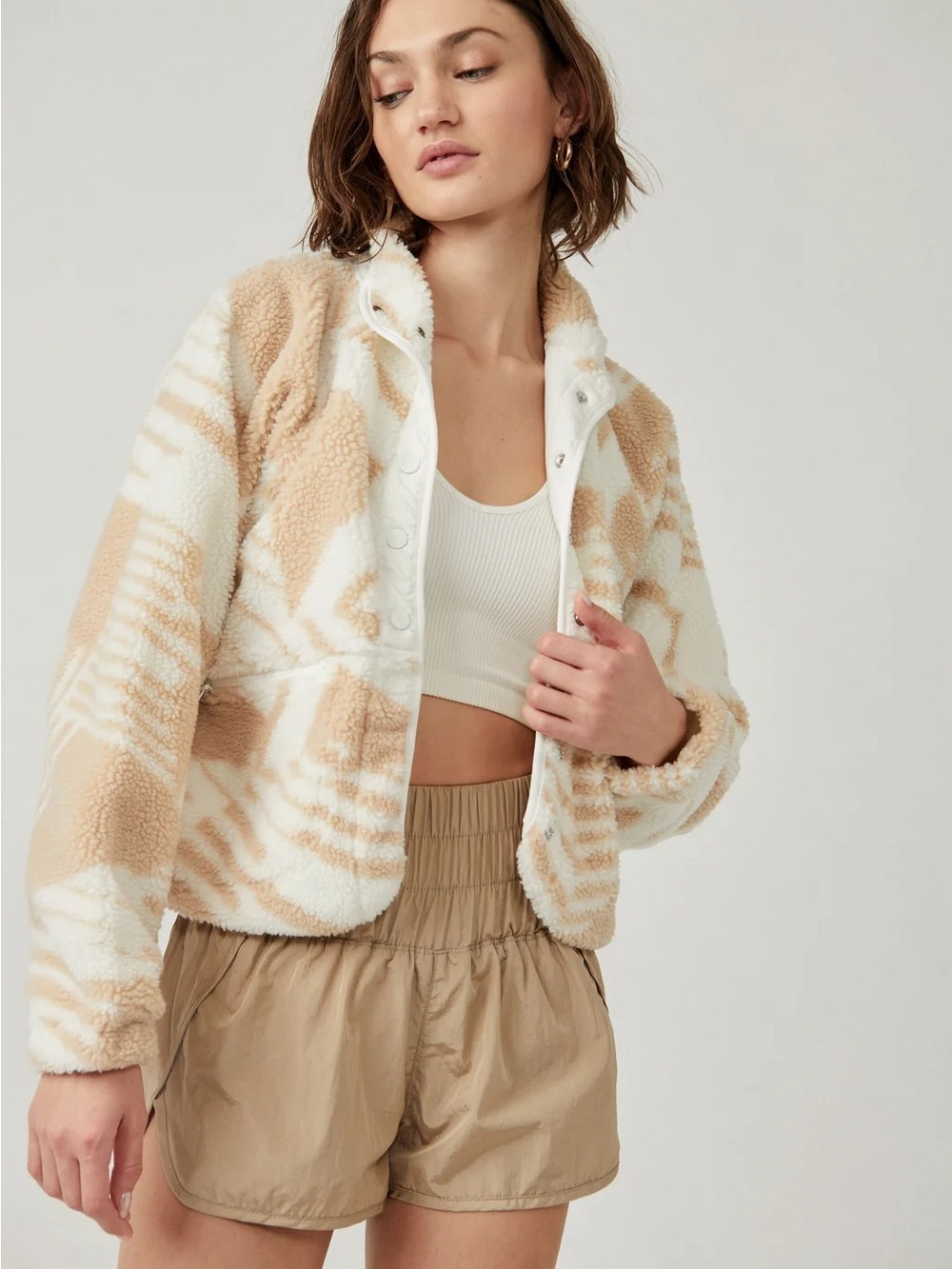 FP Movement by Free People Cream & Tan Sherpa Zip-Front Cardigan Jacket